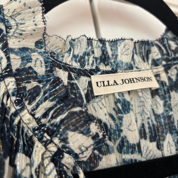 ULLA JOHNSON Dira‎ Top Indigo Metallic Ruffle Size 0 Flutter Sleeve Tassel Tie - Picture 9 of 16